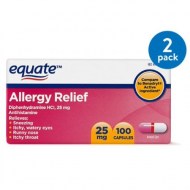 (2 Pack) Equate Allergy Relief Diphenhydramine Antihistamine Capsules 25 mg 100 Ct