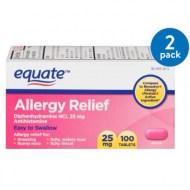 (2 Pack) Equate Allergy Relief Diphenhydramine Tablets 25 mg 100 Ct