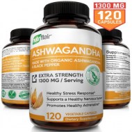 Certified Organic Ashwagandha Capsules 1300MG - 120 Vegan Pills with Black Pepper Extract - Best Root Powder Supplement 